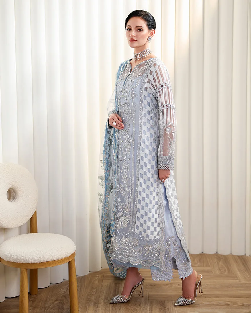 Burgundy three‑piece festive set with silk shirt, raw silk trousers and organza dupatta – view 2 – Poshaq