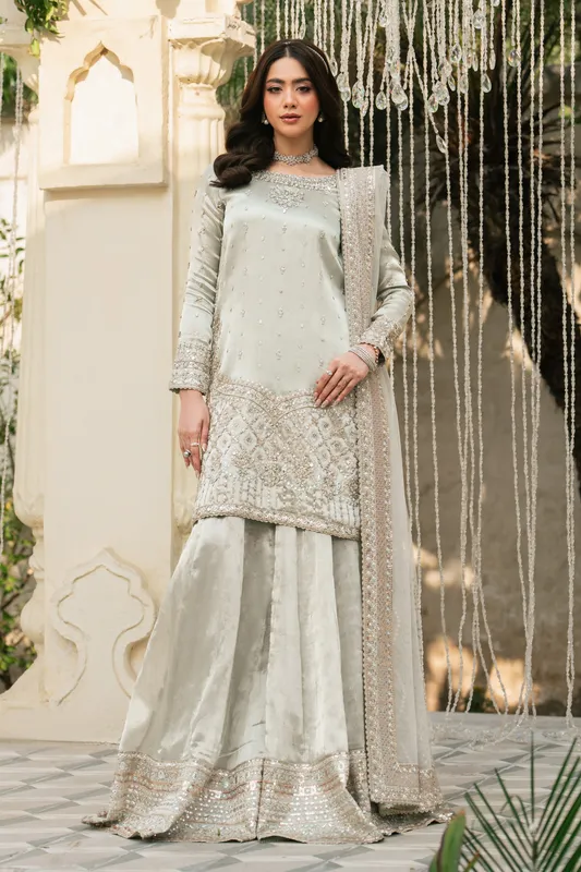 Silver 3‑piece formal outfit with tissue top, net dupatta and flared sharara – view 1 – Poshaq