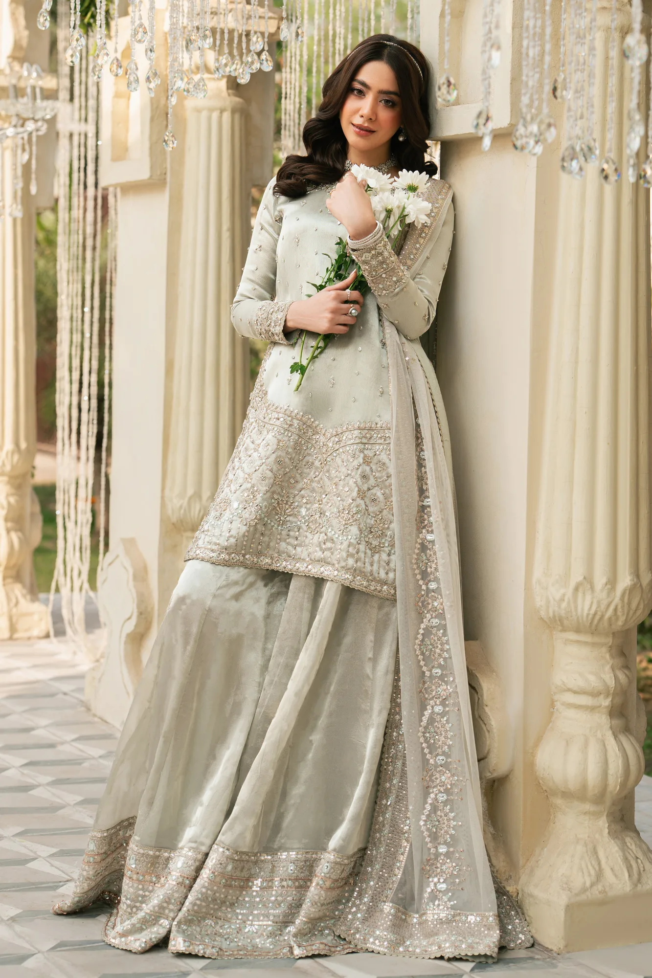 Silver 3‑piece formal outfit with tissue top, net dupatta and flared sharara – view 3 – Poshaq