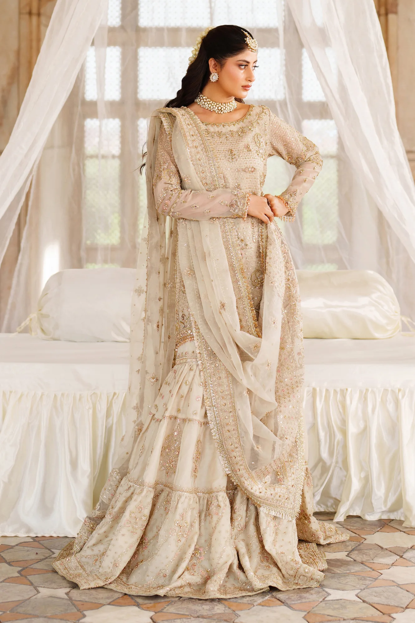 Beige organza 4‑piece formal set with dupatta and gharara – view 1 – Poshaq
