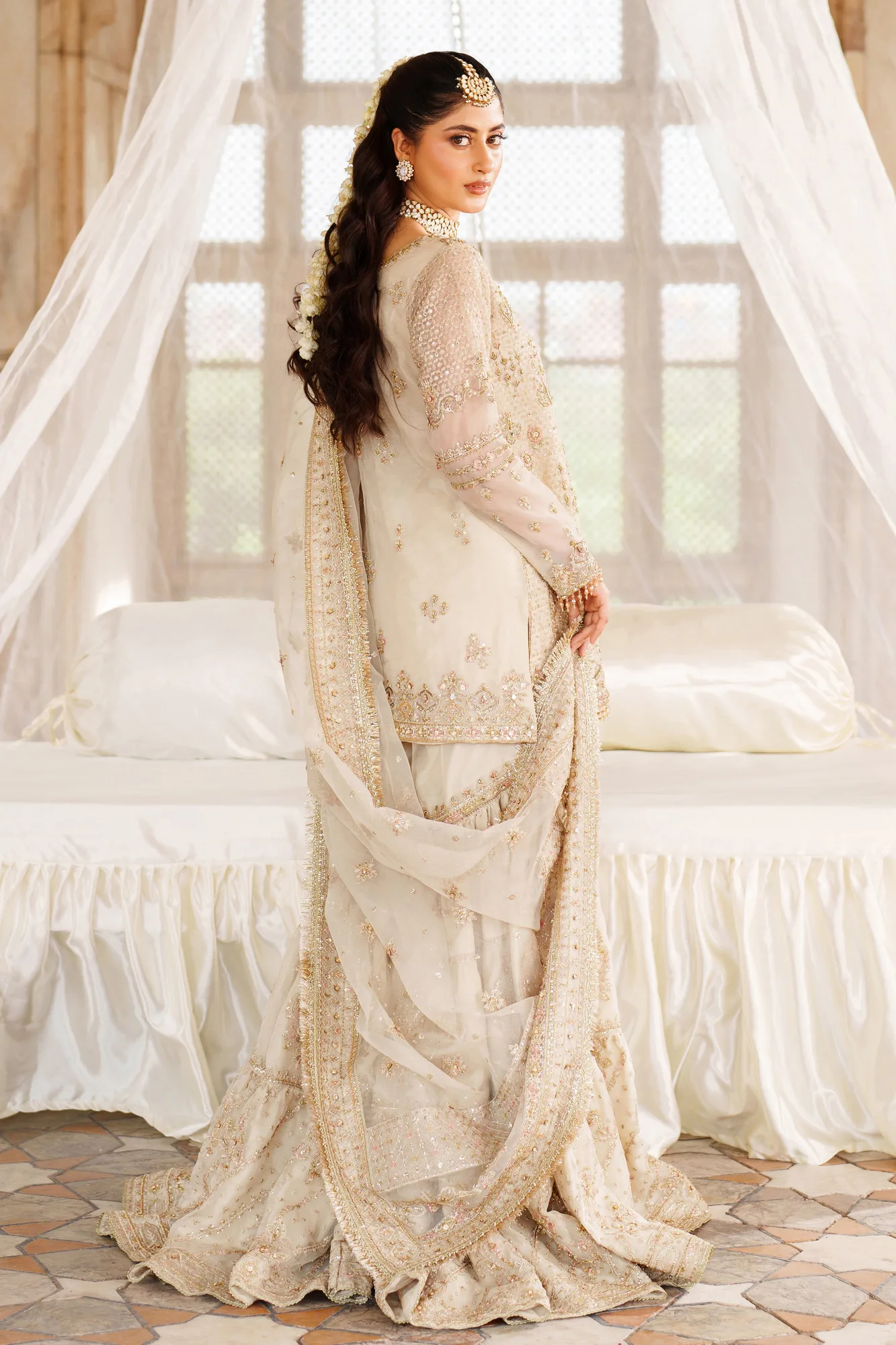 Beige organza 4‑piece formal set with dupatta and gharara – view 2 – Poshaq