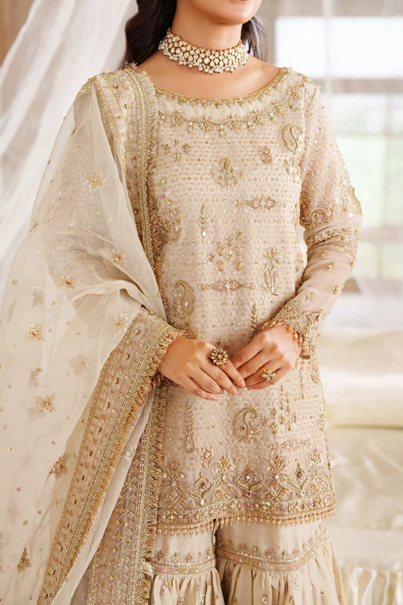 Beige organza 4‑piece formal set with dupatta and gharara – view 3 – Poshaq