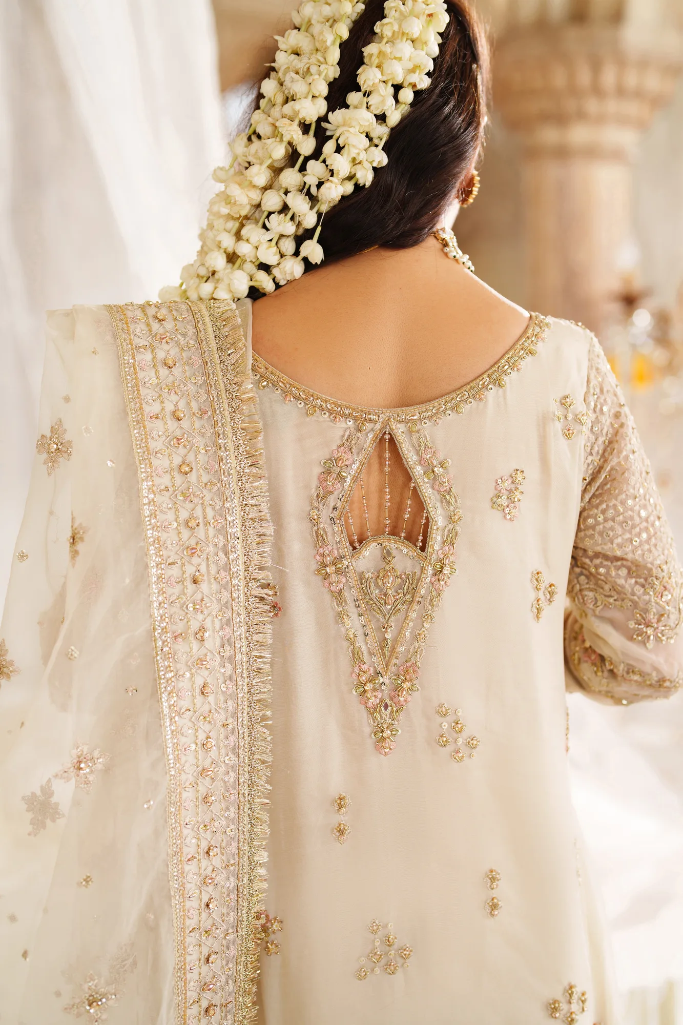 Beige organza 4‑piece formal set with dupatta and gharara – view 6 – Poshaq