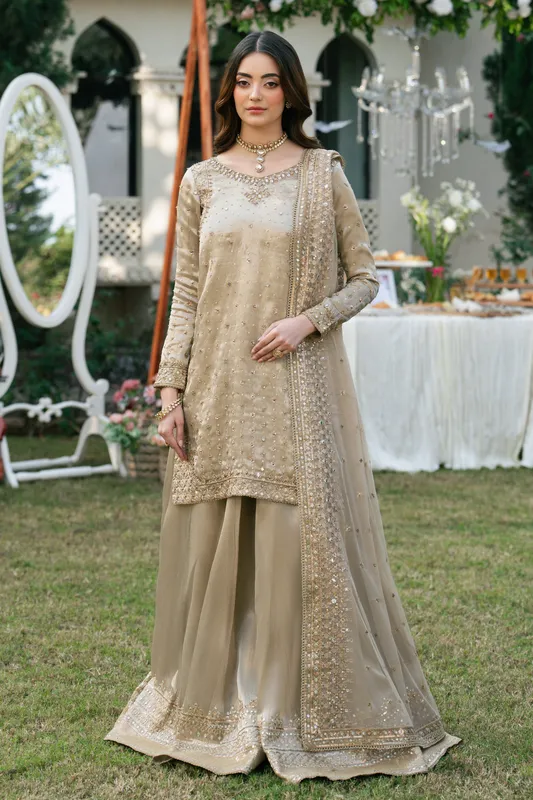 Dusty rose tissue shirt, wide sharara and net dupatta with embroidered sequin borders – view 1 – Poshaq