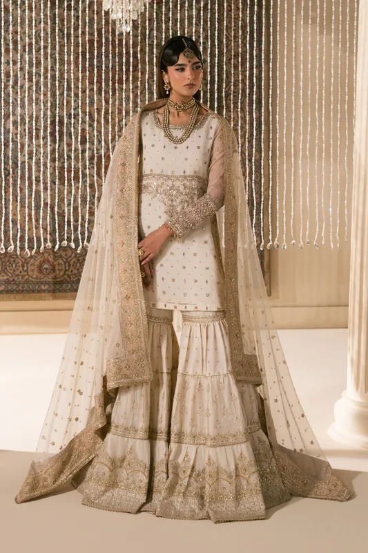 Beige organza formal suit with net dupatta and jipsi gharara – view 1 – Poshaq