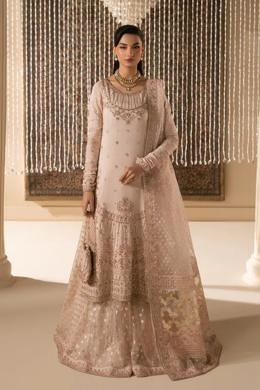 Pink formal outfit with silk shirt, organza sharara, dupatta and raw silk pouch – view 1 – Poshaq