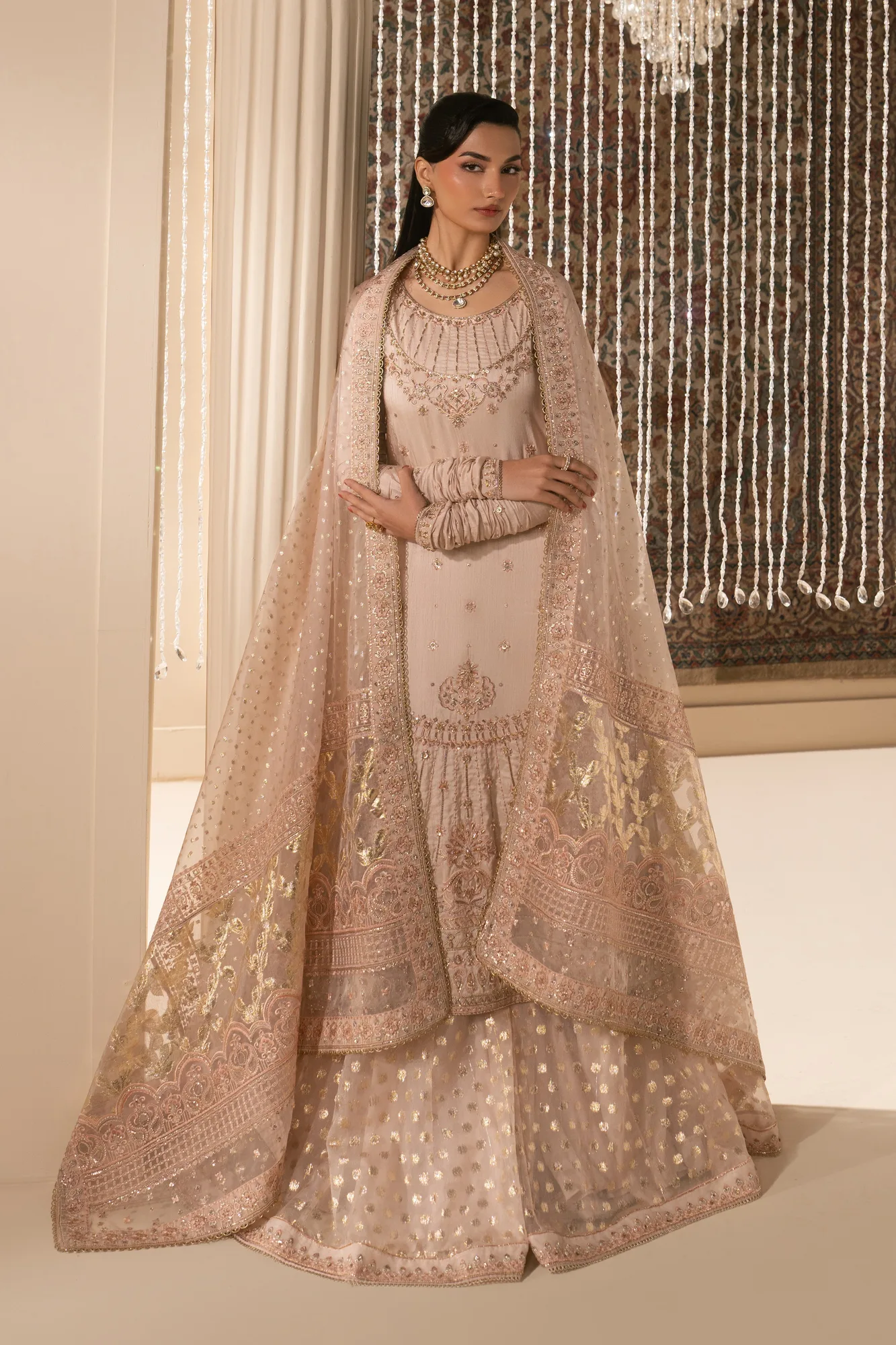 Pink formal outfit with silk shirt, organza sharara, dupatta and raw silk pouch – view 3 – Poshaq