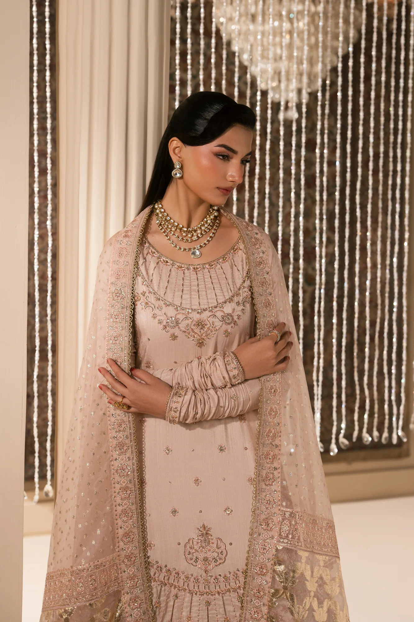 Pink formal outfit with silk shirt, organza sharara, dupatta and raw silk pouch – view 6 – Poshaq