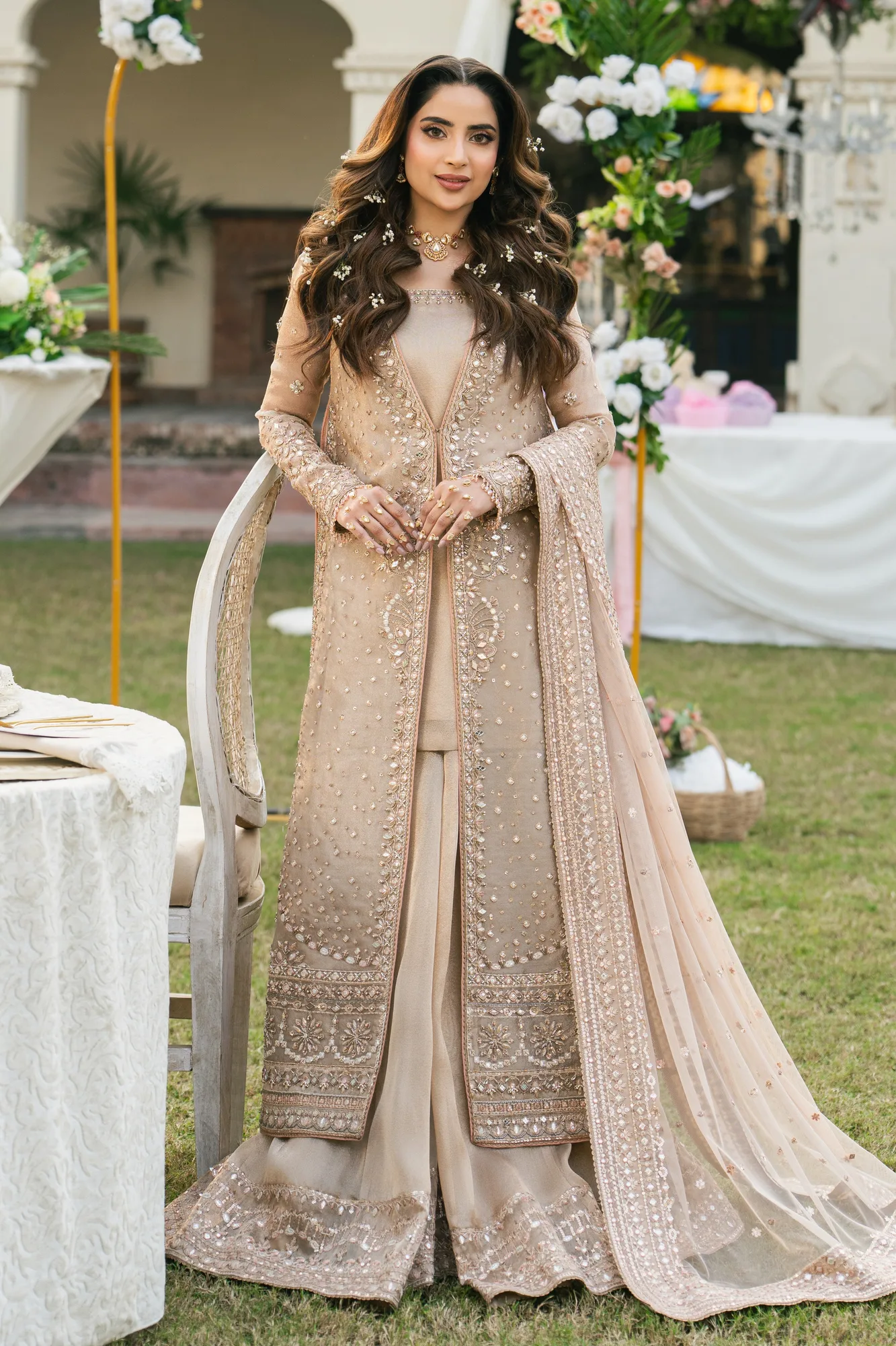 Peach formal suit with tissue gown, lehenga and net dupatta – view 1 – Poshaq