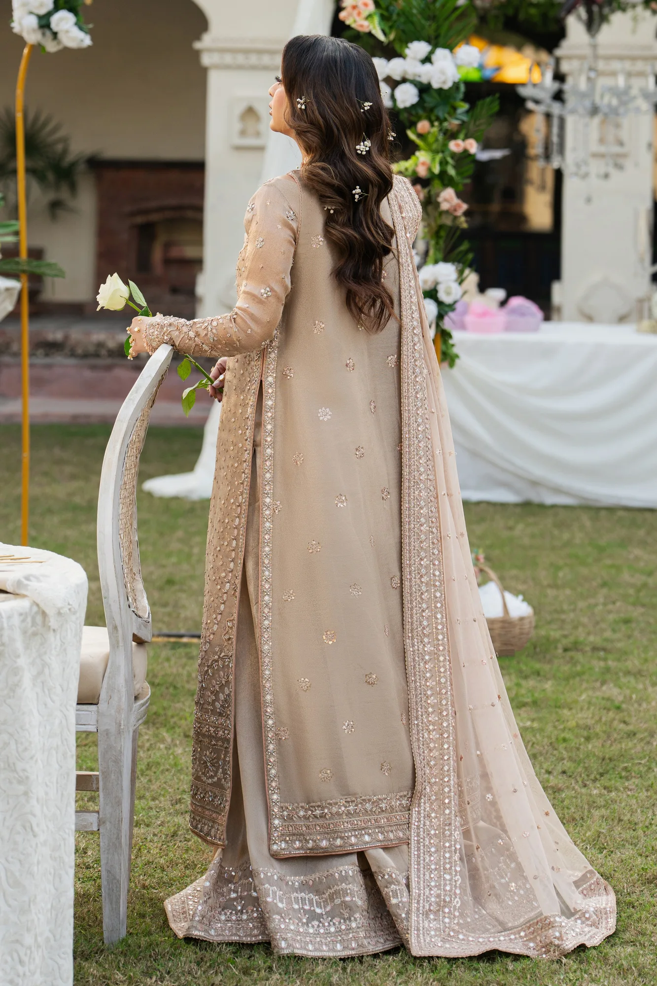 Peach formal suit with tissue gown, lehenga and net dupatta – view 2 – Poshaq