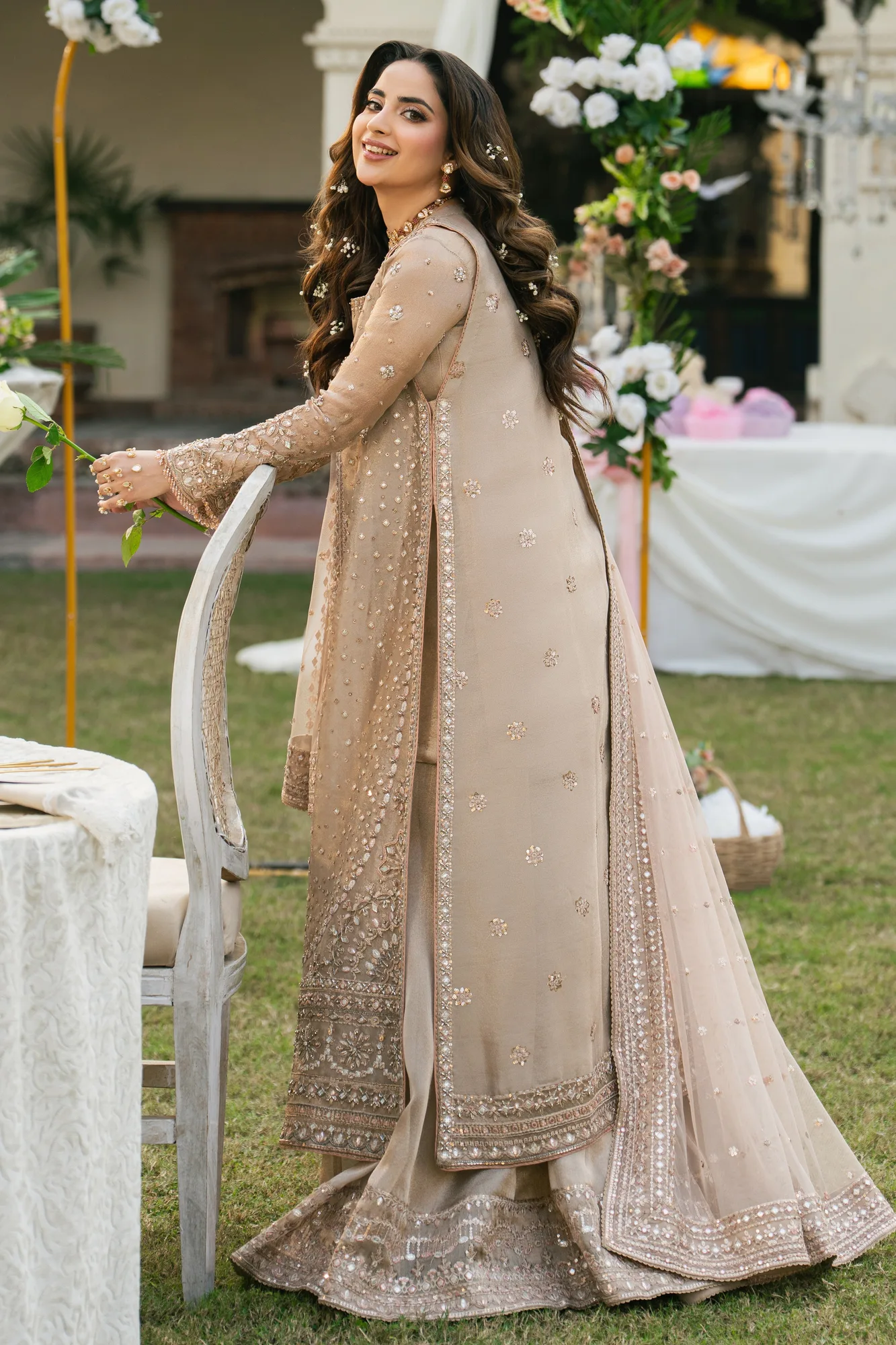 Peach formal suit with tissue gown, lehenga and net dupatta – view 3 – Poshaq
