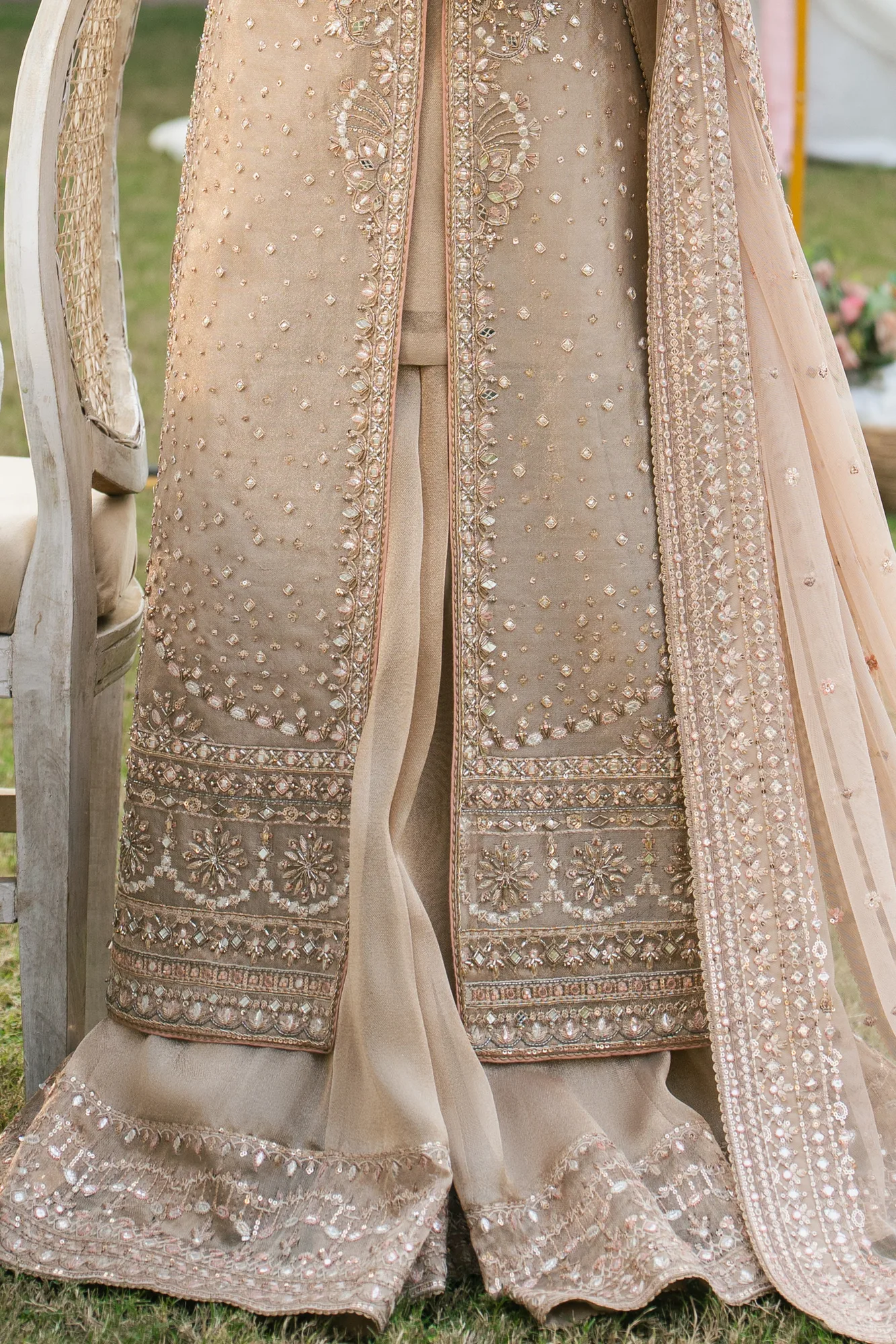 Peach formal suit with tissue gown, lehenga and net dupatta – view 4 – Poshaq