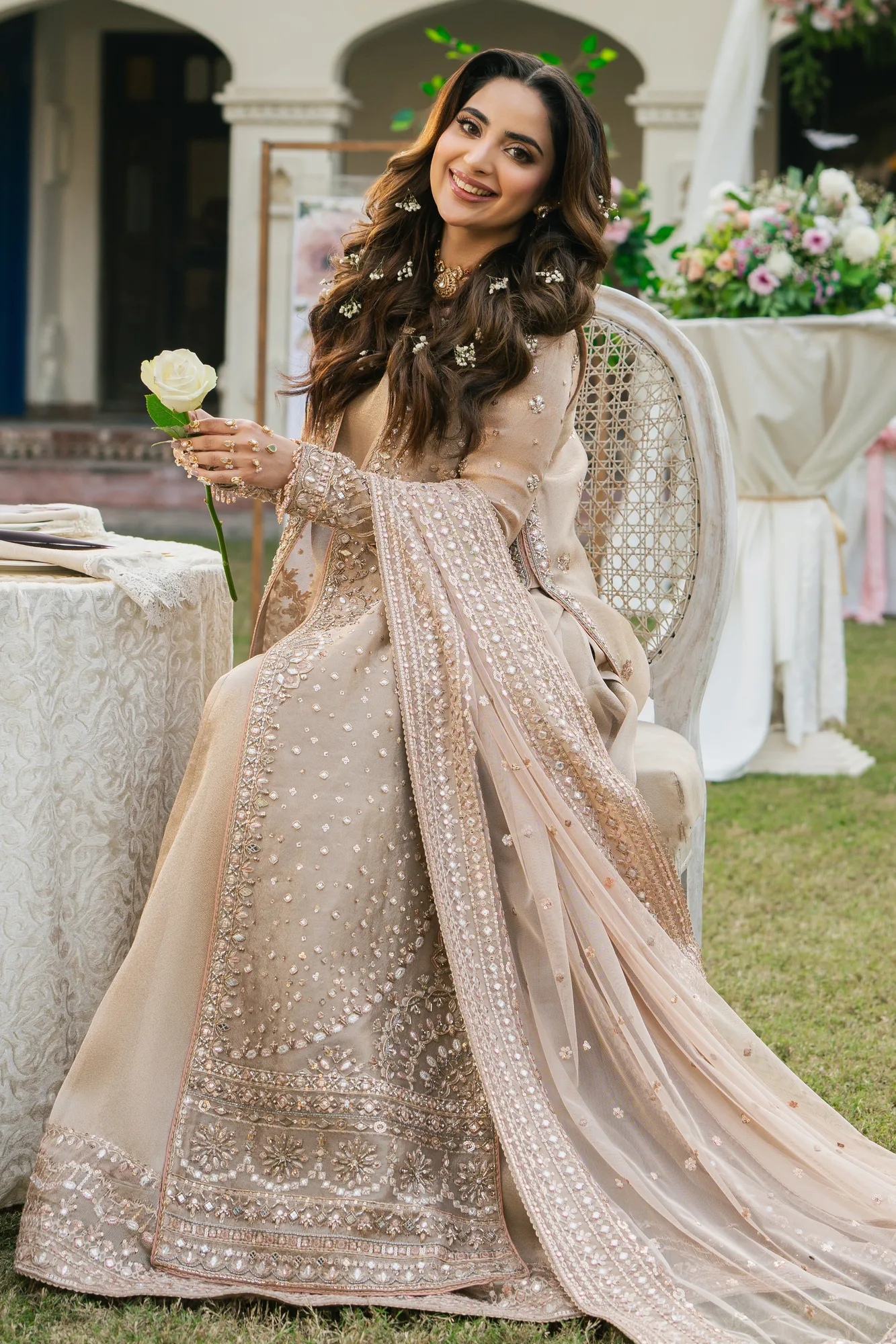 Peach formal suit with tissue gown, lehenga and net dupatta – view 5 – Poshaq