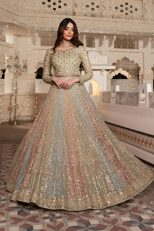 Soft pista‑tone net three‑piece formal set with mirrored detailing – view 1 – Poshaq