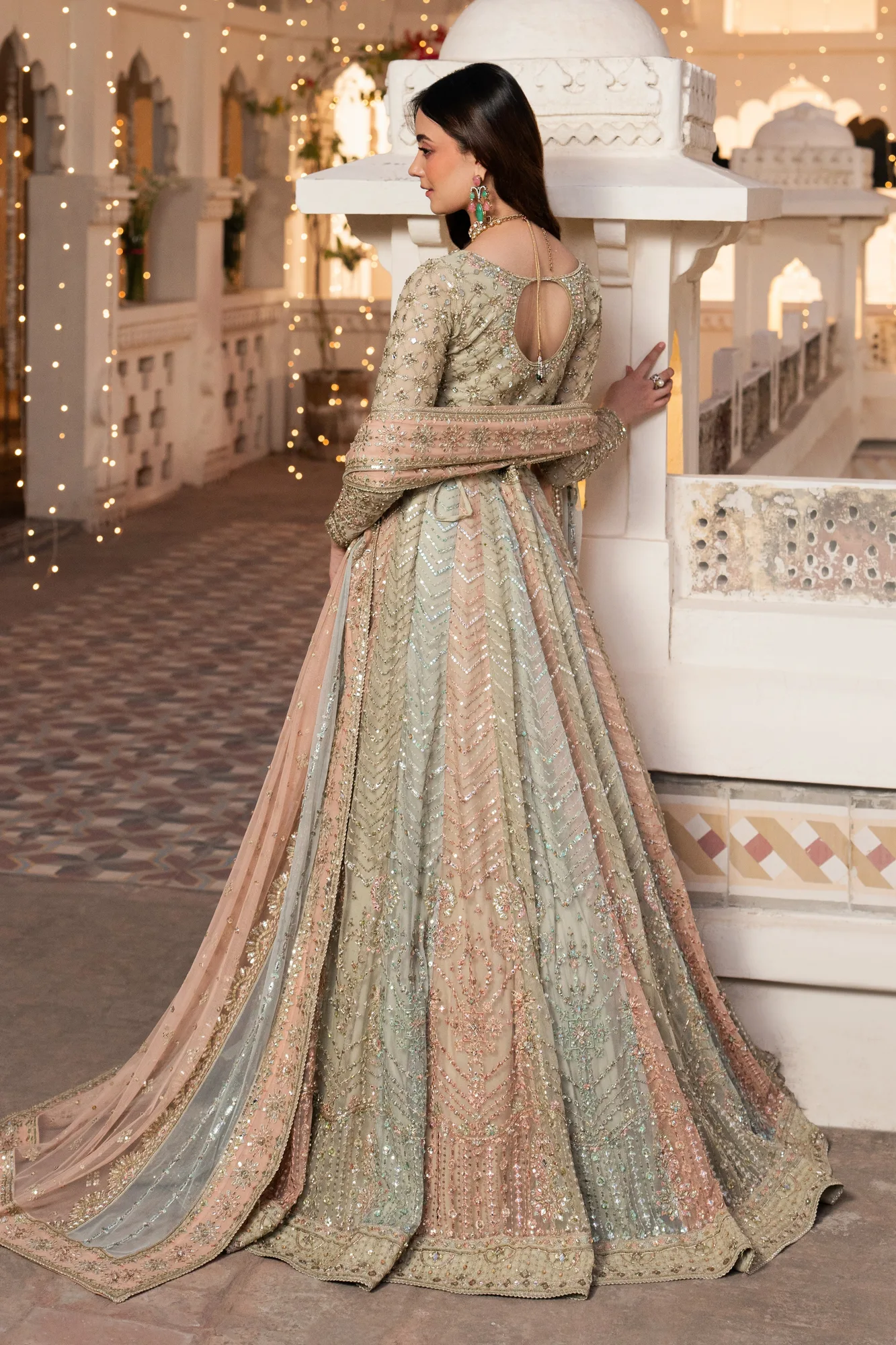 Soft pista‑tone net three‑piece formal set with mirrored detailing – view 2 – Poshaq