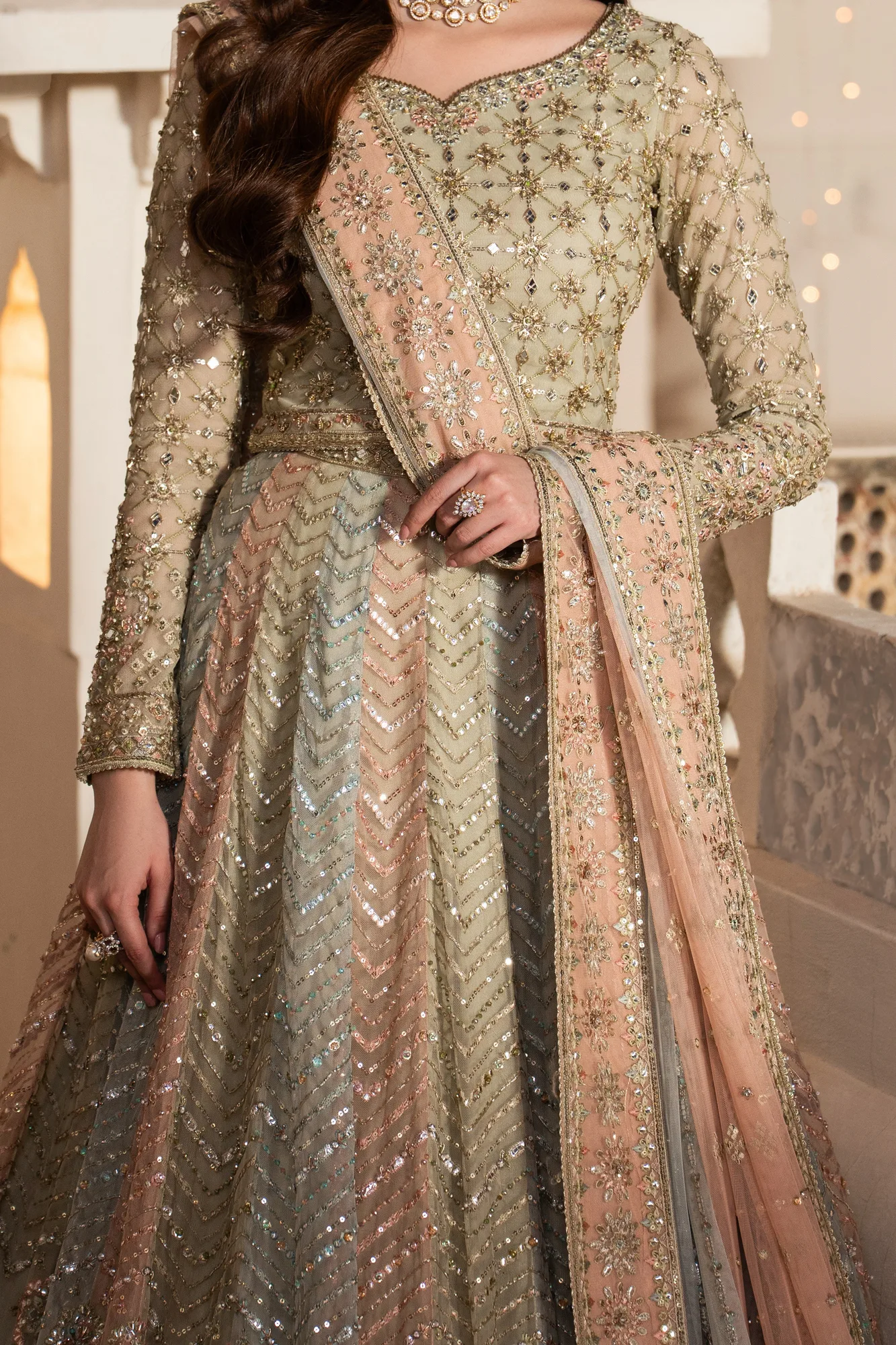 Soft pista‑tone net three‑piece formal set with mirrored detailing – view 3 – Poshaq
