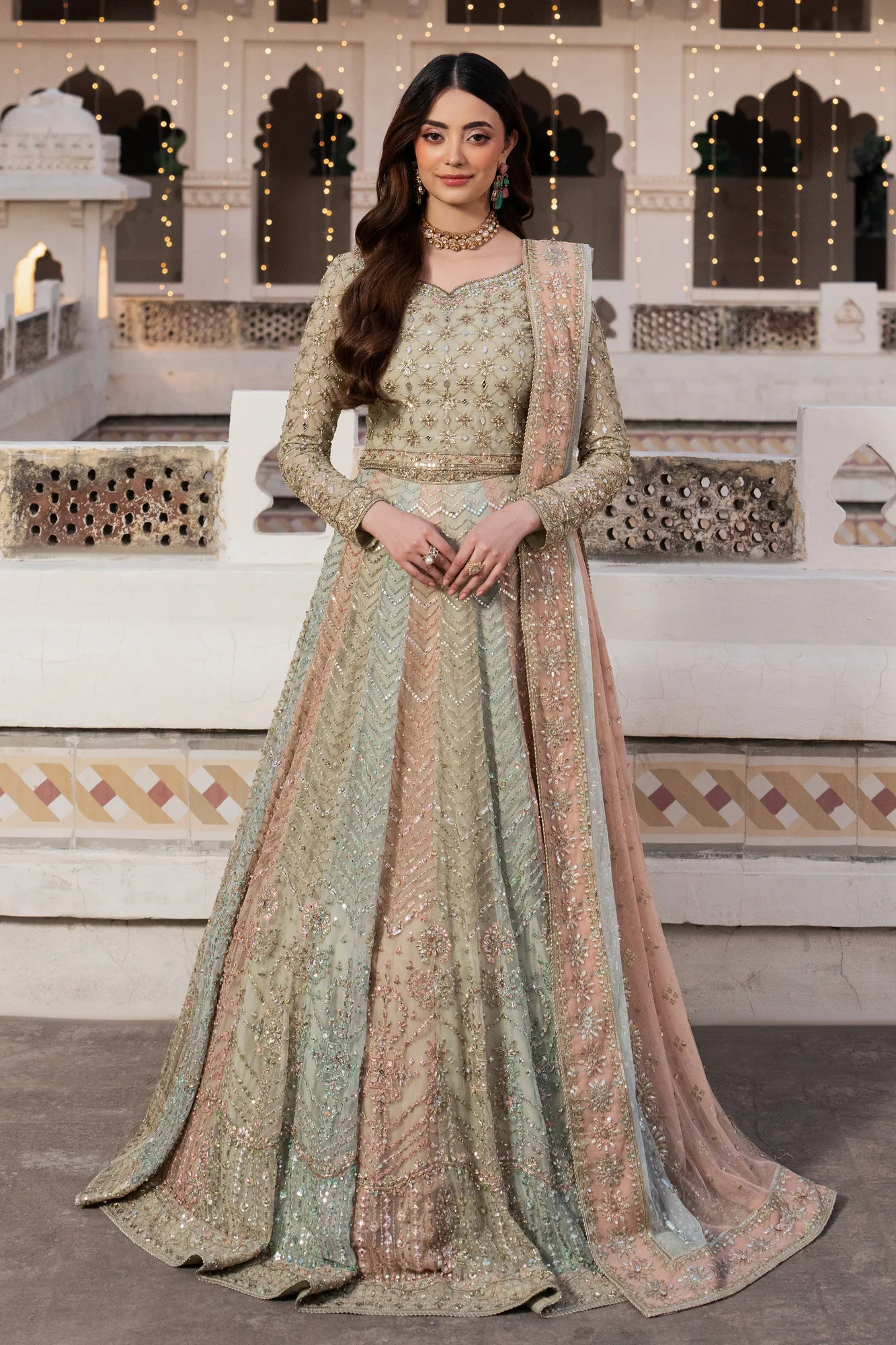 Soft pista‑tone net three‑piece formal set with mirrored detailing – view 5 – Poshaq