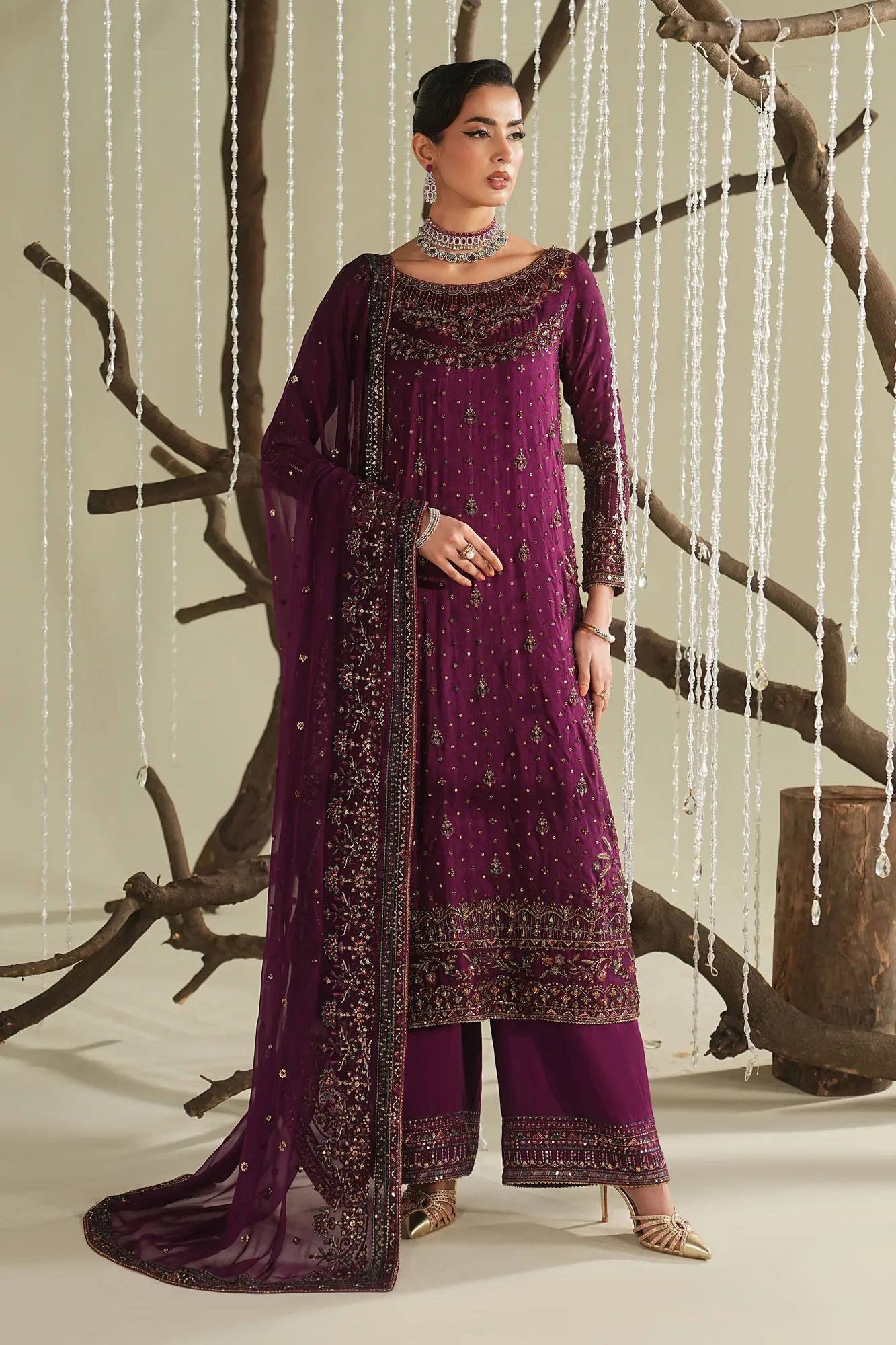 deep plum crinkle silk formal shirt with embroidered borders – view 1 – Poshaq