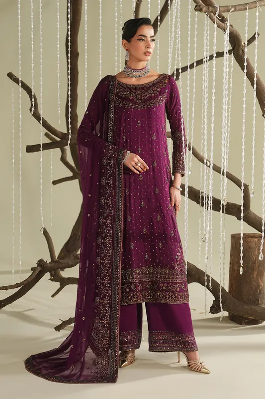 deep plum crinkle silk formal shirt with embroidered borders – view 1 – Poshaq