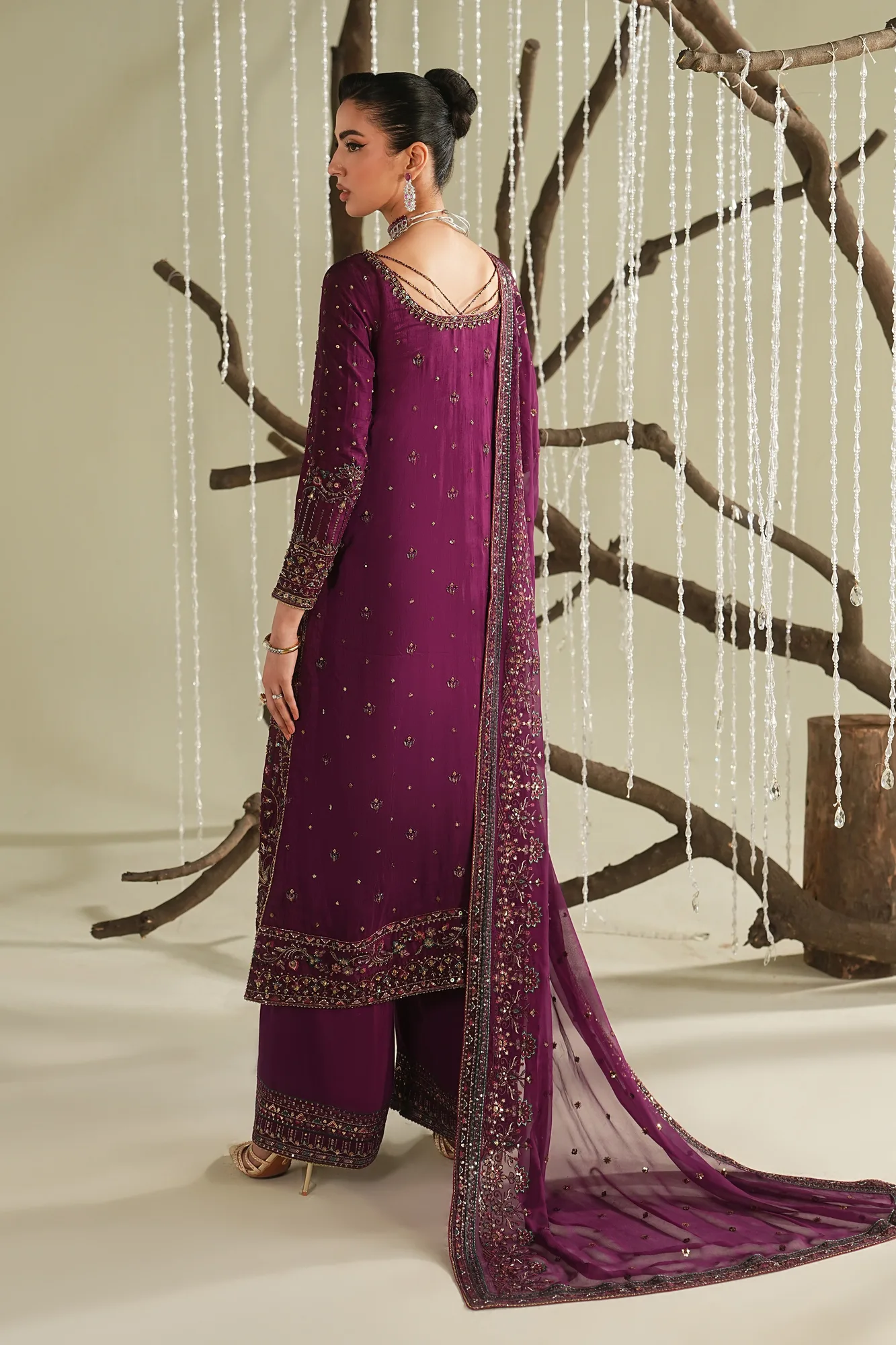 deep plum crinkle silk formal shirt with embroidered borders – view 2 – Poshaq