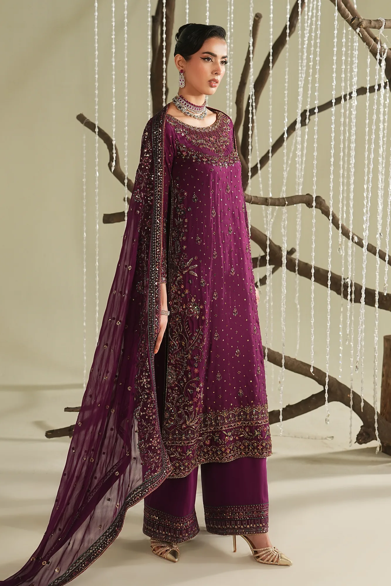 deep plum crinkle silk formal shirt with embroidered borders – view 3 – Poshaq