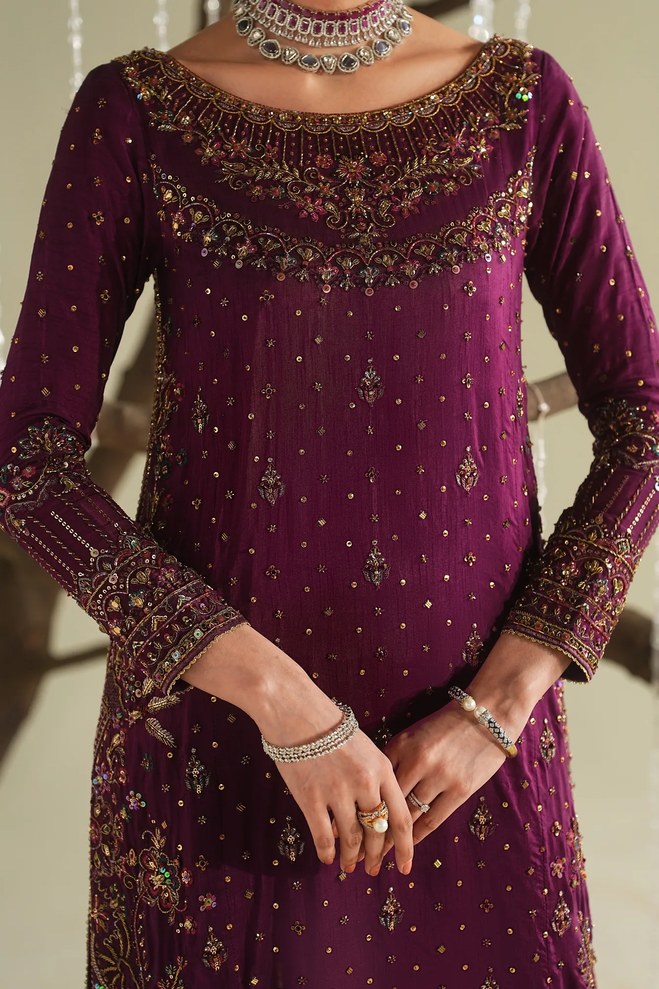 deep plum crinkle silk formal shirt with embroidered borders – view 4 – Poshaq