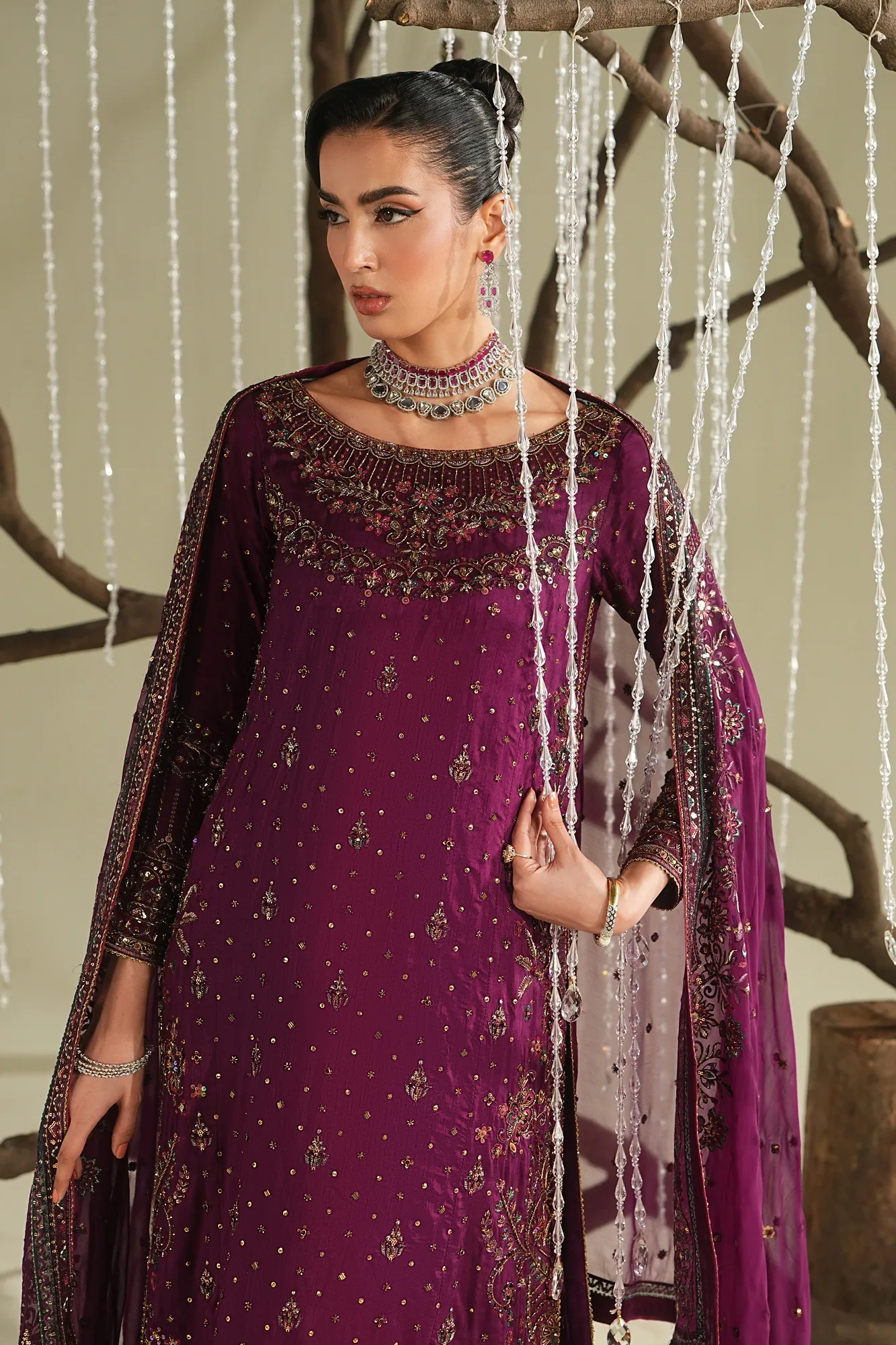 deep plum crinkle silk formal shirt with embroidered borders – view 5 – Poshaq