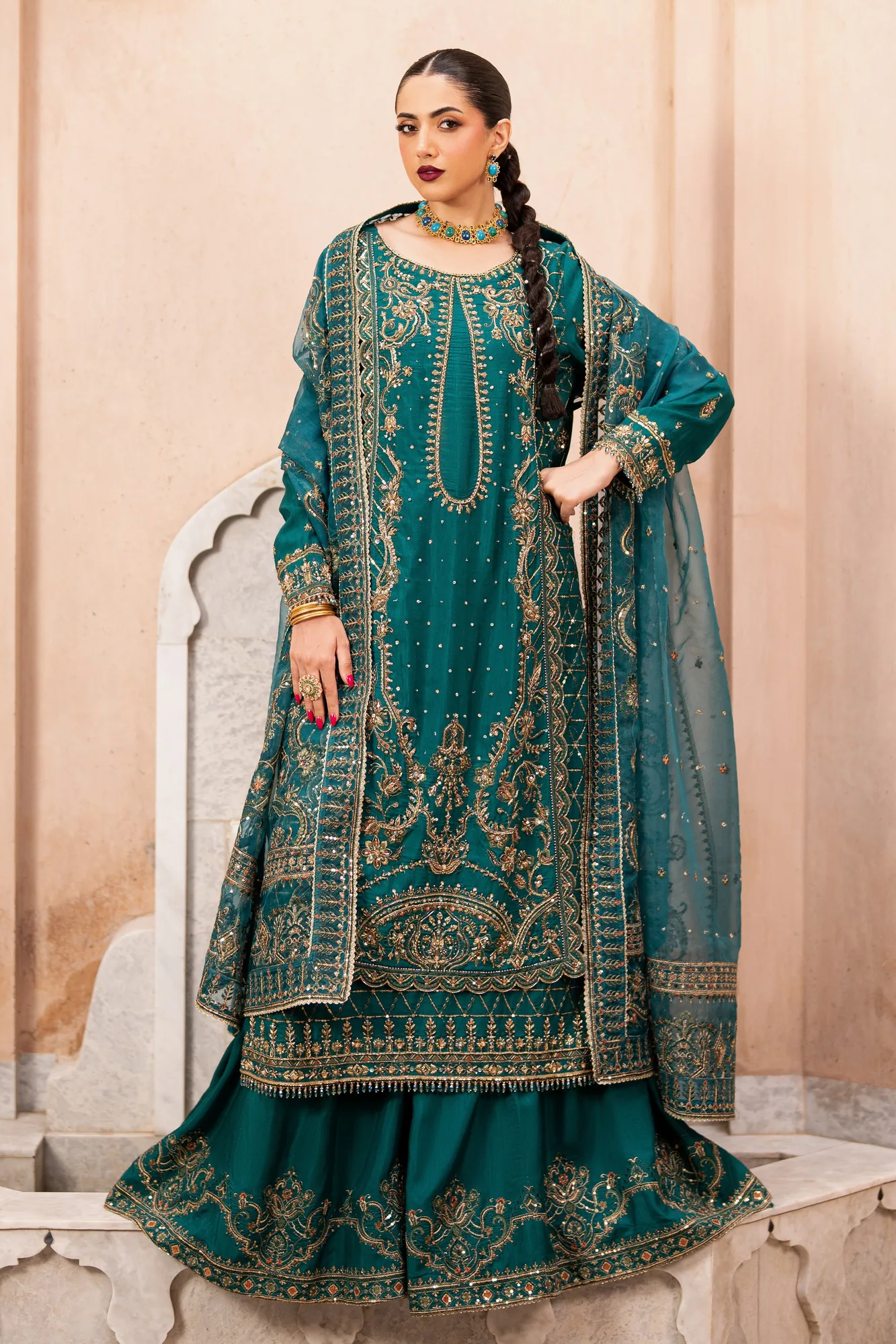 Green silk sharara set with embroidered shirt and organza dupatta – view 1 – Poshaq