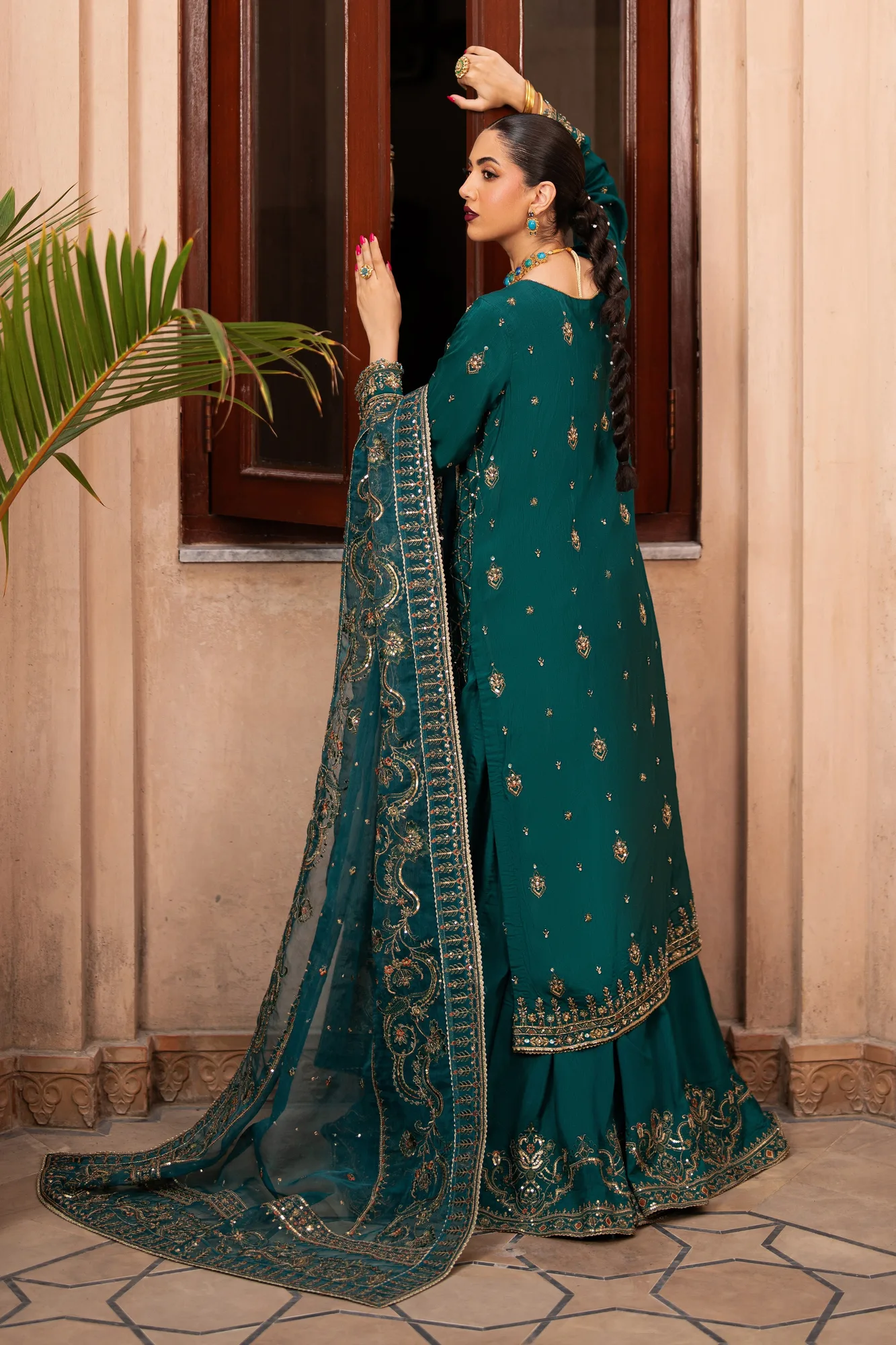 Green silk sharara set with embroidered shirt and organza dupatta – view 2 – Poshaq