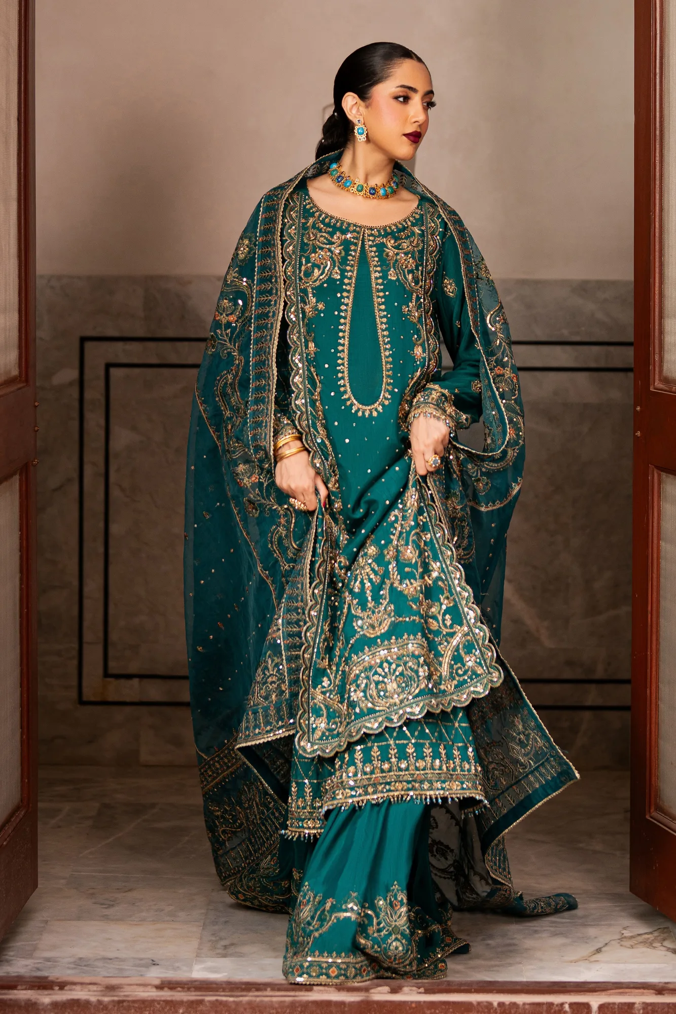 Green silk sharara set with embroidered shirt and organza dupatta – view 3 – Poshaq