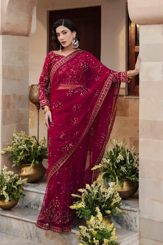 Maroon raw silk and net saree with embroidered details – view 1 – Poshaq