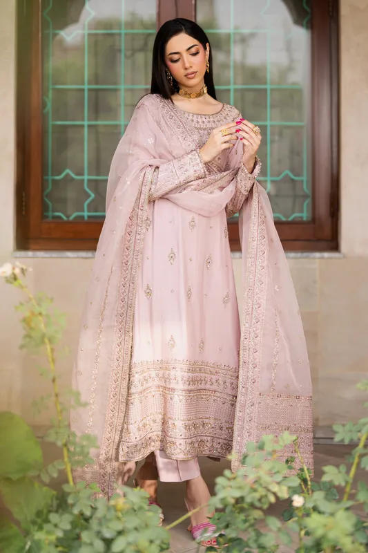 Lavender raw silk shirt with embroidered details and culotte trousers – view 1 – Poshaq