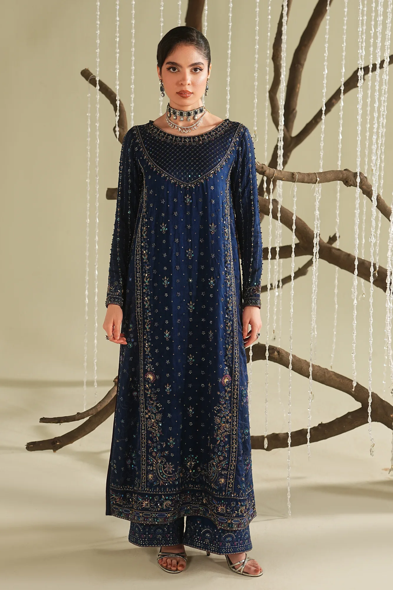 Blue raw silk formal suit with shirt and culottes – view 1 – Poshaq