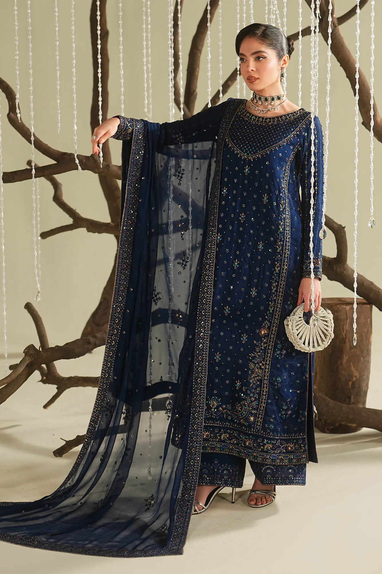 Blue raw silk formal suit with shirt and culottes – view 3 – Poshaq