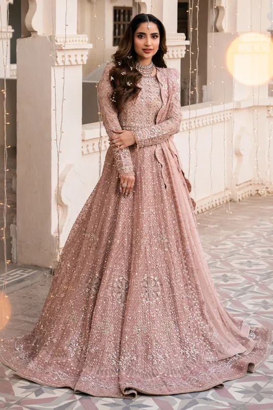 Lilac net three‑piece formal outfit with fitted shirt, flared lehenga and dupatta – view 1 – Poshaq
