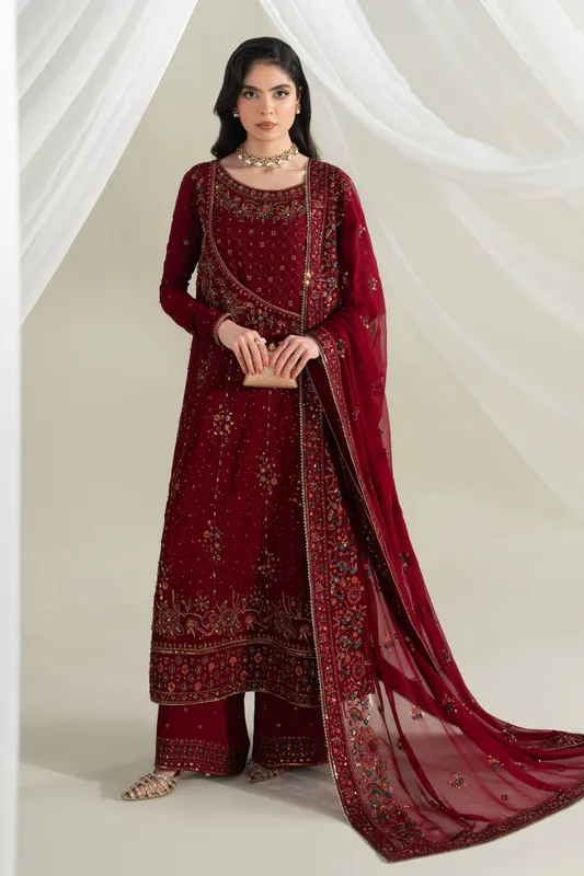 Red georgette shirt with silk culottes and crinkle dupatta – view 1 – Poshaq