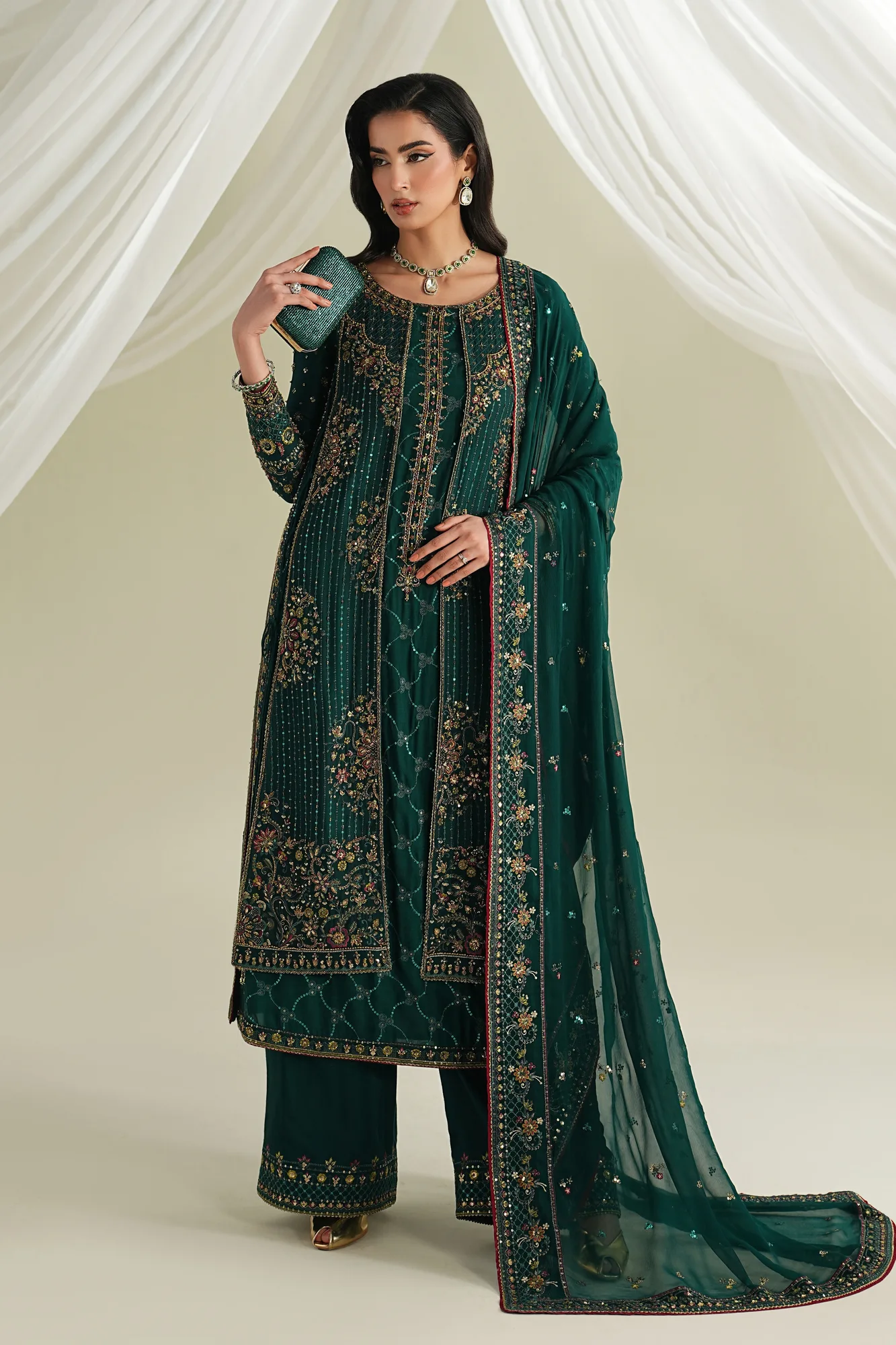 Green formal outfit with georgette shirt, silk dupatta and raw silk culotte – view 1 – Poshaq