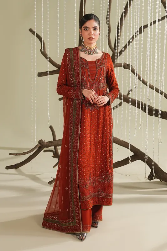 Orange raw silk shirt, culotte and crinkled dupatta with embroidery – view 1 – Poshaq