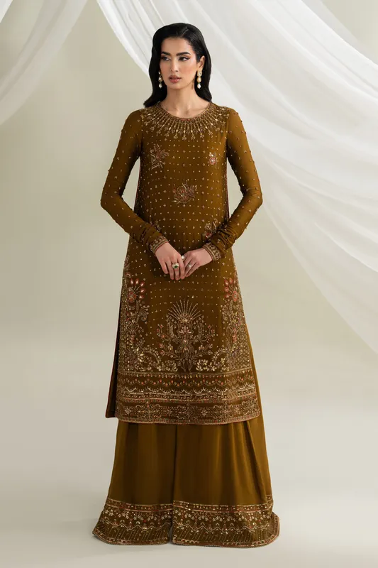 Georgette shirt with naqshi embroidery, silk flared trousers and crinkled dupatta – view 1 – Poshaq