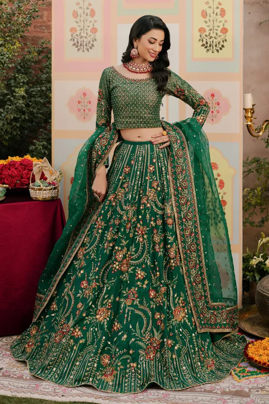 Green raw silk lehenga choli set with embroidered details – view 1 – Poshaq
