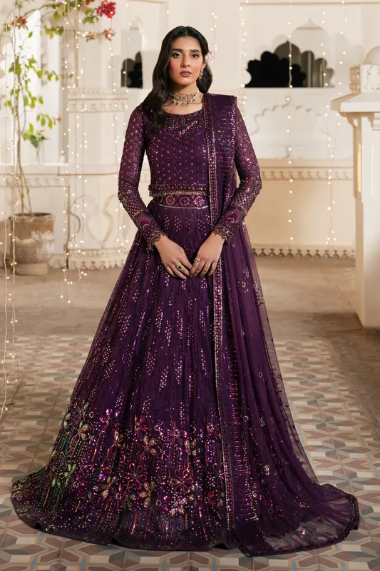 Purple net three‑piece formal outfit with embroidered dupatta – view 1 – Poshaq