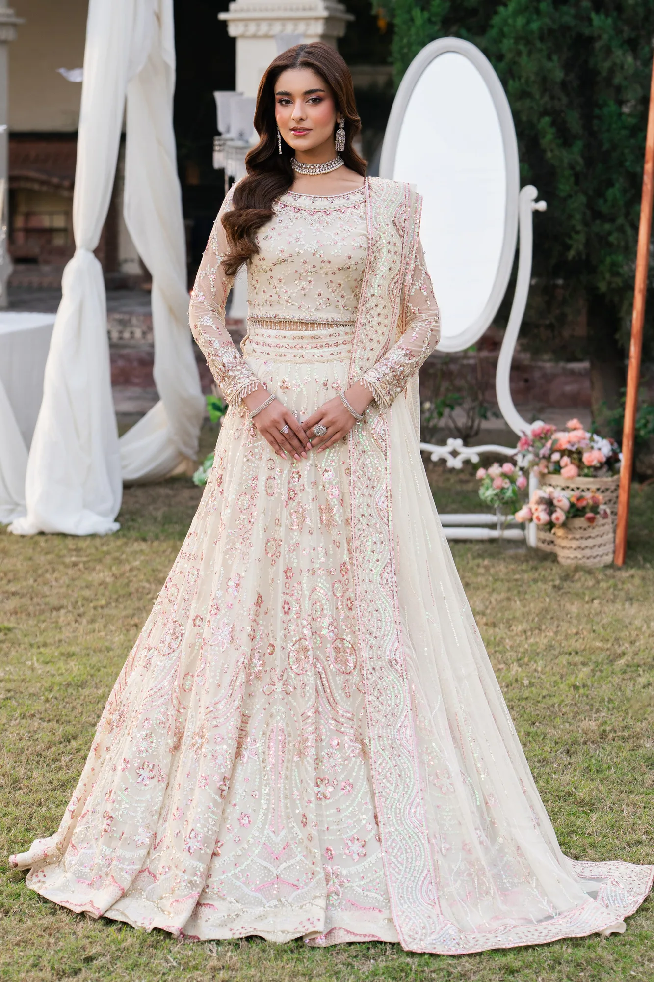 White Ahlam three‑piece formal suit with organza and net detailing – view 1 – Poshaq