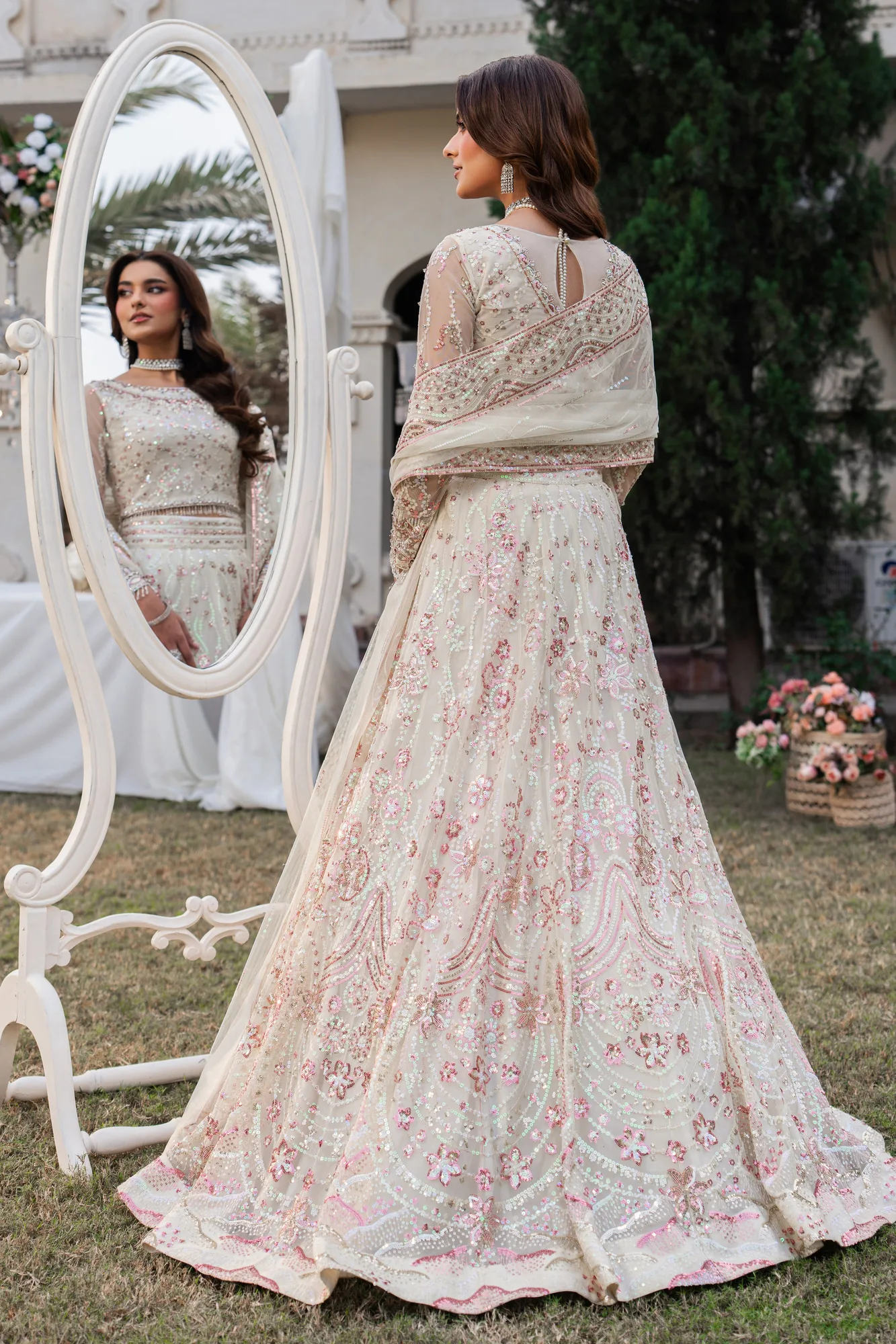 White Ahlam three‑piece formal suit with organza and net detailing – view 2 – Poshaq