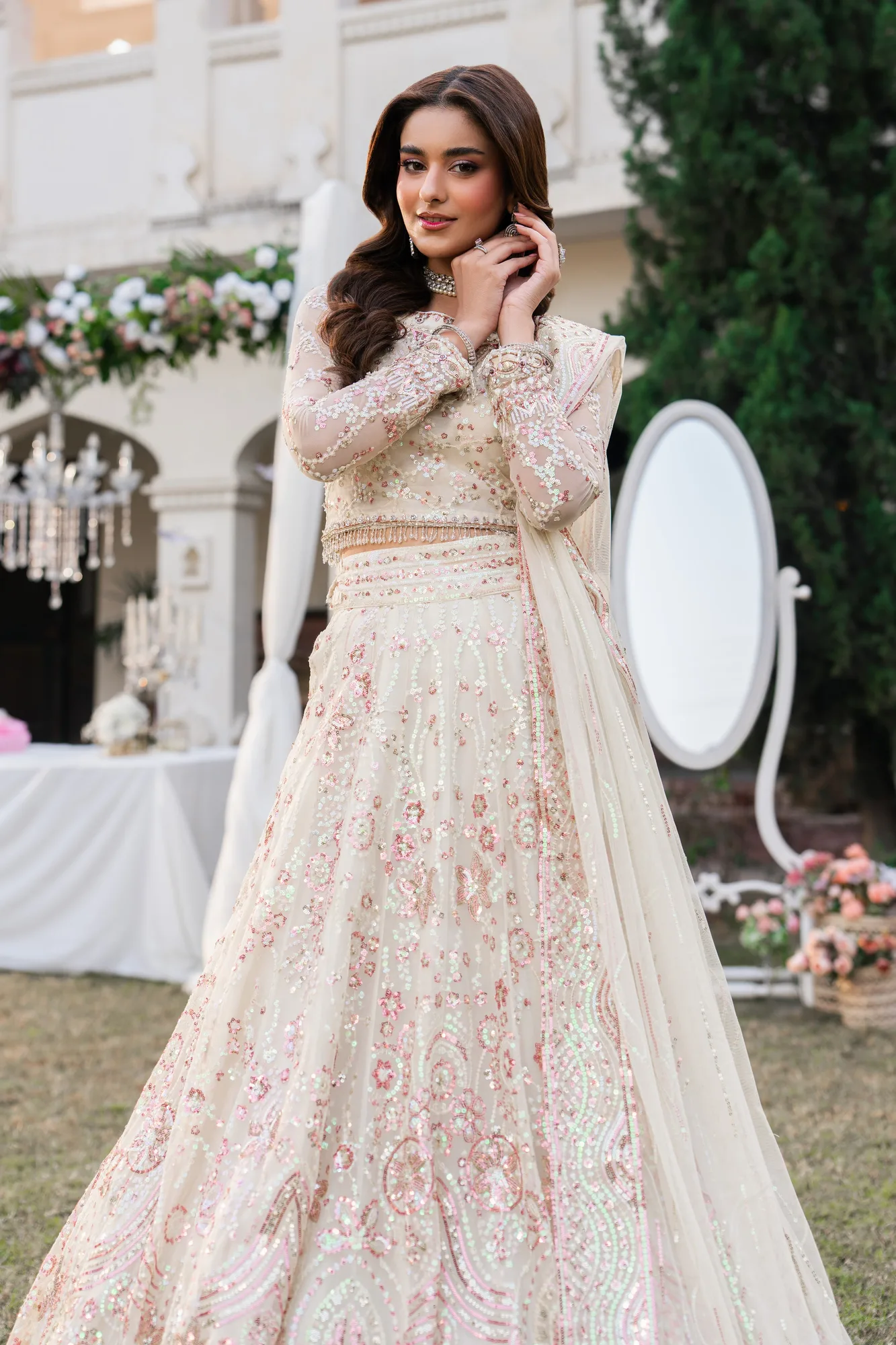 White Ahlam three‑piece formal suit with organza and net detailing – view 3 – Poshaq