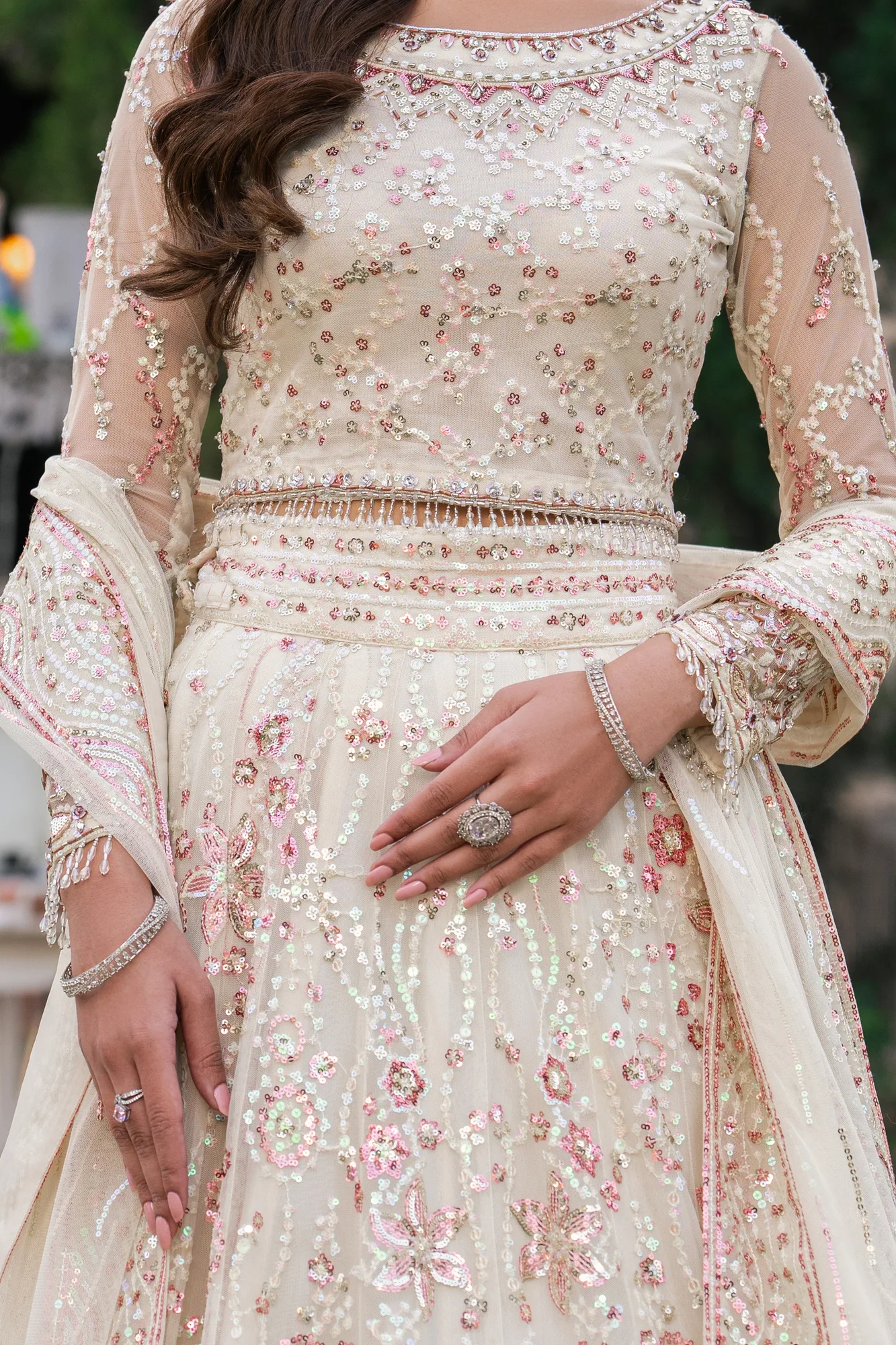 White Ahlam three‑piece formal suit with organza and net detailing – view 4 – Poshaq