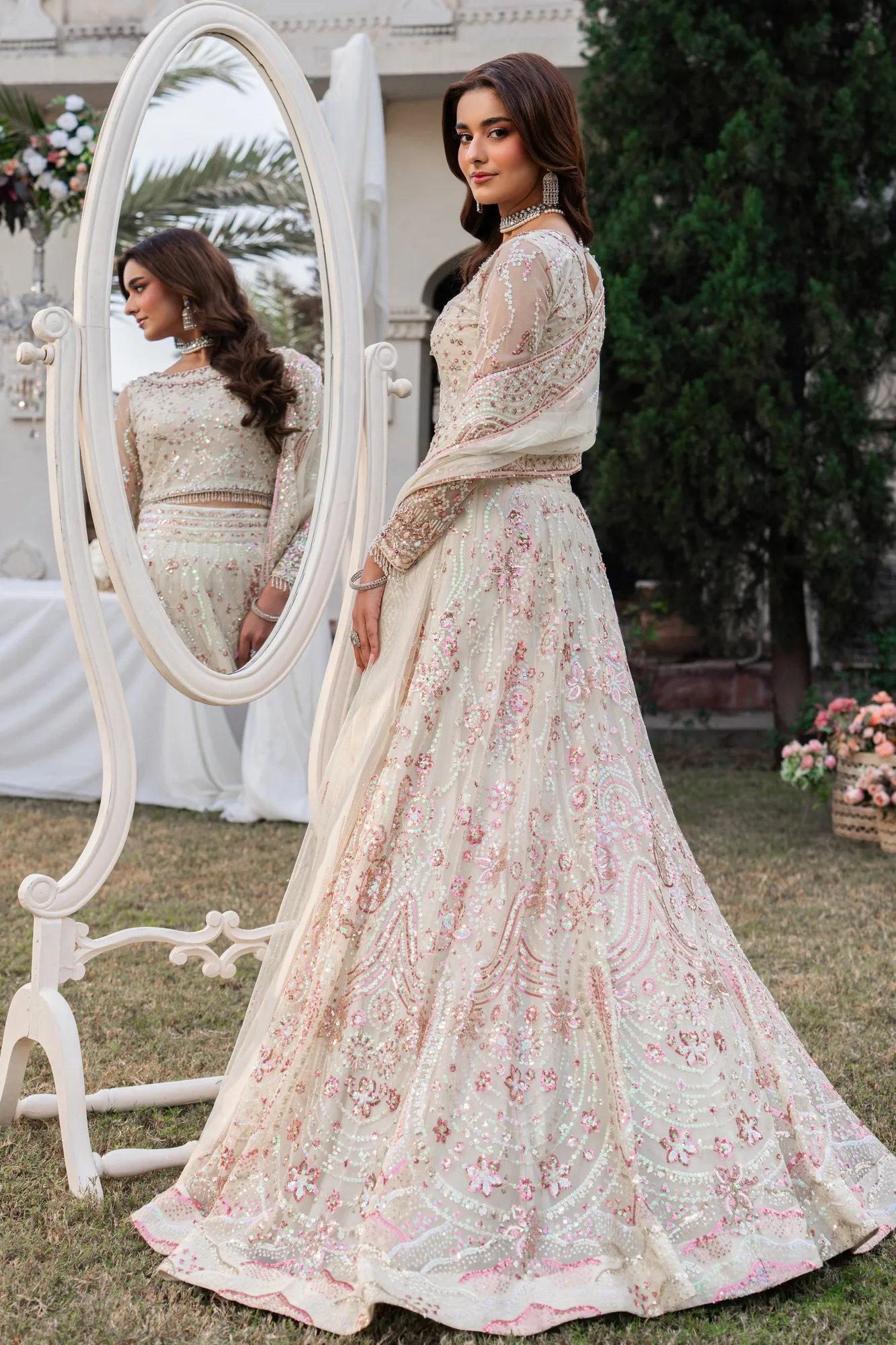 White Ahlam three‑piece formal suit with organza and net detailing – view 5 – Poshaq