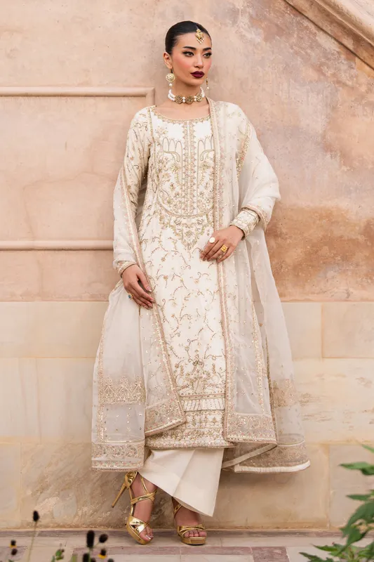 Raw silk shirt with organza dupatta and embroidered culottes – view 1 – Poshaq