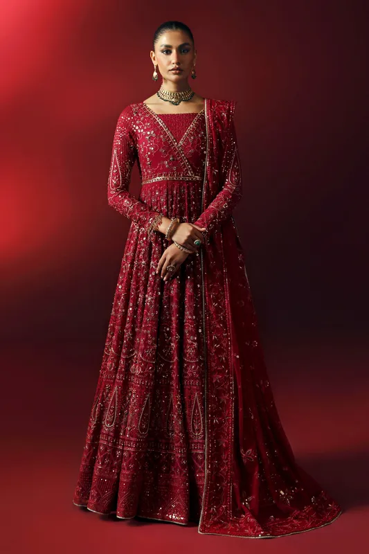 Red formal set with raw silk trousers and chiffon top, embroidered details – view 1 – Poshaq