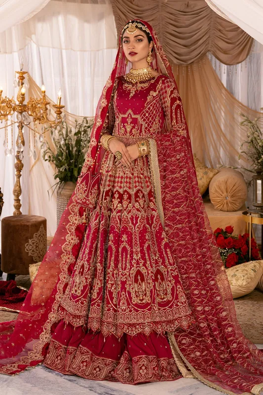 Fuchsia bridal lehenga with raw silk frock, organza dupatta and velvet detailing – view 1 – Poshaq