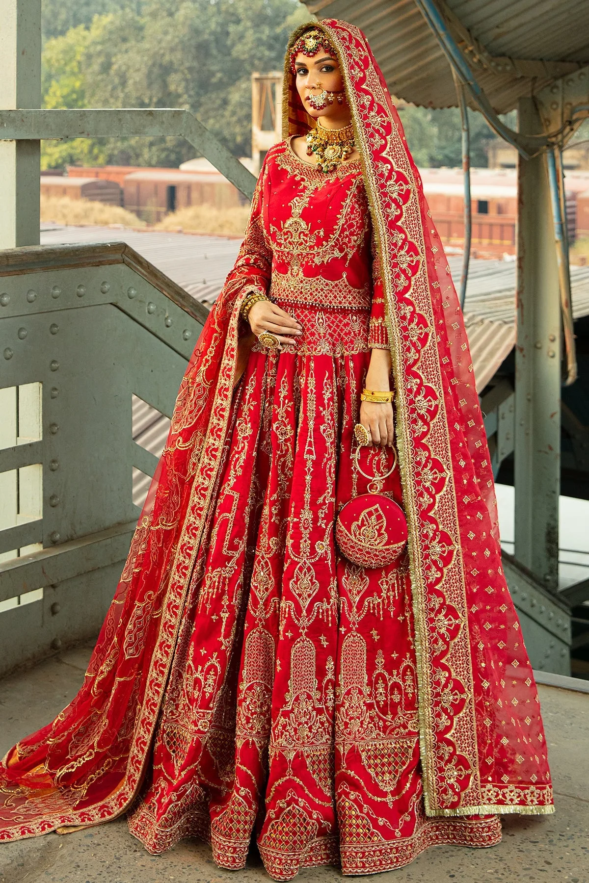 Red formal lehenga with intricate embroidery and structured choli – view 2 – Poshaq